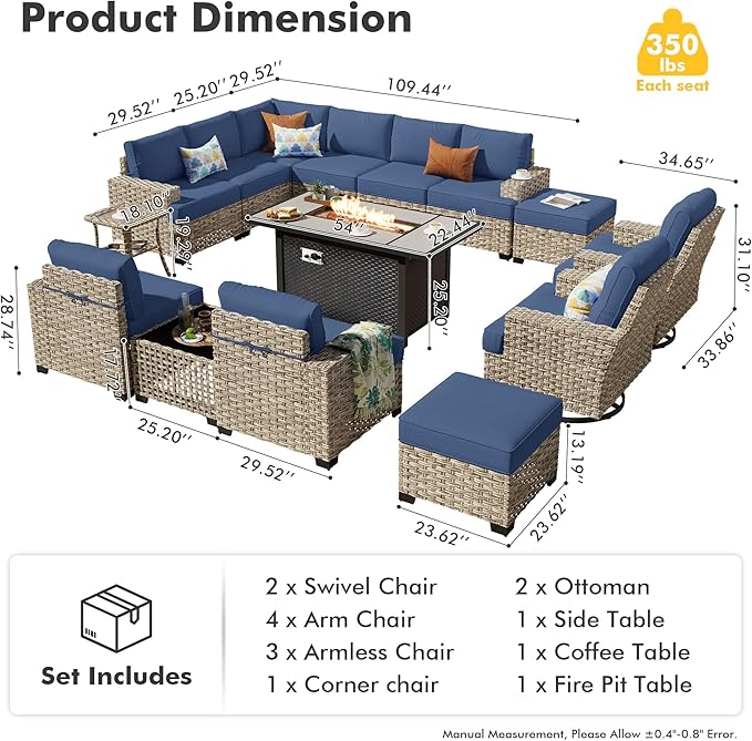 HOOOWOOO Outdoor Sectional Patio Furniture Set with Fire Pit Table,15 Pieces Wicker Conversation Sets L Shaped Couch,Extra Deep Out Door Sofa Outside Furniture with Swivel Chairs Ottoman,Denim Blue