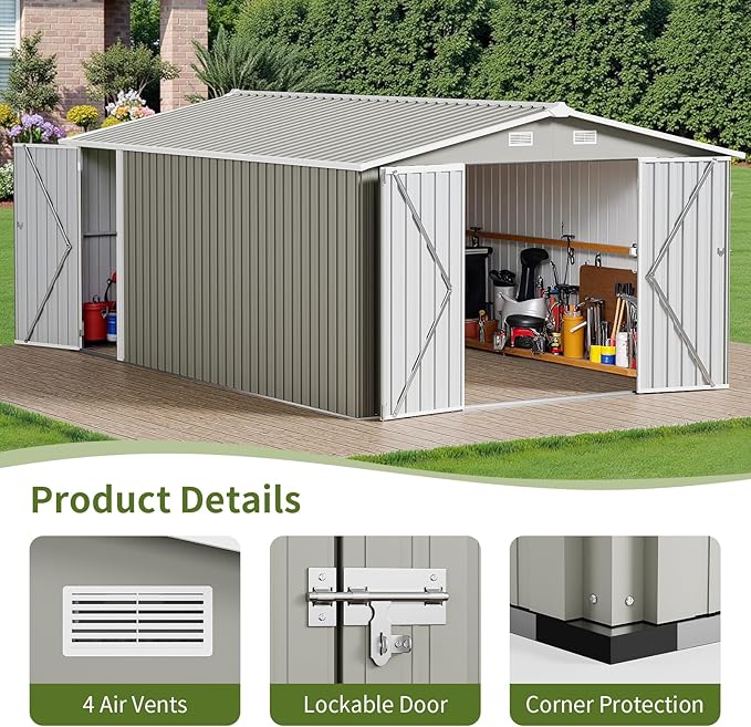 10×14 FT Outdoor Storage Shed, Light Grey Workshop Shed with 3 Lockable Doors & 4 Vents for Backyard, Patio, Lawn, Garden Tool & Lawn Mower Storage - Ideal for Homeowners, Gardeners & DIYers
