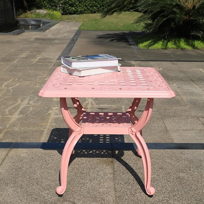 Cast Aluminum Outdoor Side Table,Small Patio Table,Outdoor Coffee Tables for Patio,Garden,Balcony, for All Weather (Pink, Square)