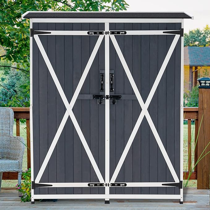 MCombo Outdoor Storage Cabinet with Shelves, Wood Garden Shed with Floor, Outside Tool Shed with 2 Lockable Doors for Backyard Patio Lawn, 1400 (Gray)