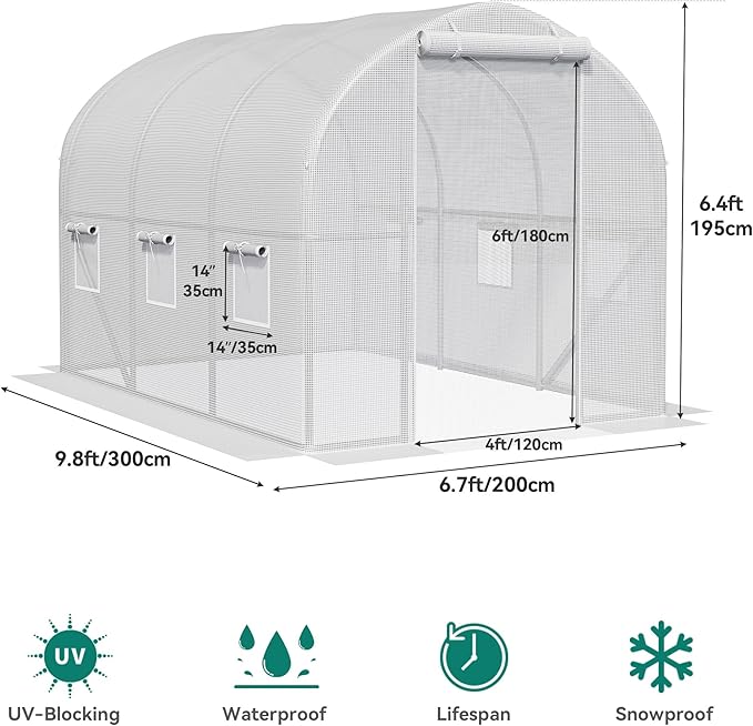 YITAHOME 10x6.5x6.5ft Greenhouses Large Walk-in Green House Heavy Duty Tunnel Green Houses Outdoor Portable Plant Gardening Upgraded Galvanized Steel Frame Zipper Doors 5 Crossbars Garden, White