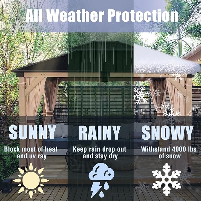 CHARMELEON Cedar Wood Gazebo 10x12 ft – Gazebo Wooden with Double Metal Roof – Hardtop Gazebo Kits with Mosquito Netting & Curtains – Wood Frame Gazebos Pavilion for Outdoor, Patio, Backyard and Deck