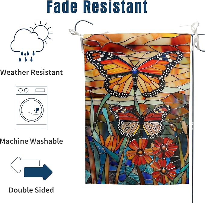 Monarch Butterfly Garden Flags for Outside Fall Flag Stained Glass Floral Yard Flag Spring Summer Decorative Flags 12x18 Double Sided Small Seasonal Lawn Flags Rustic Outdoor Decor
