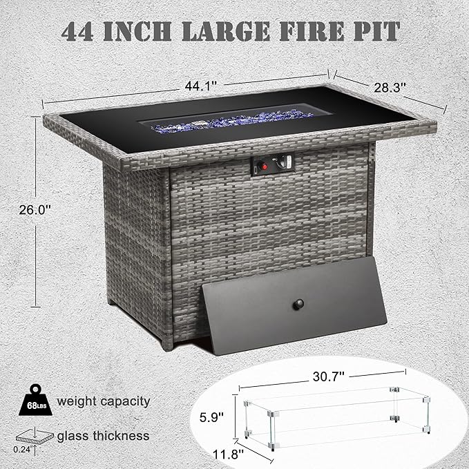 Propane Fire Pit Table,44 Inch 55000 BTU Outdoor Gas Fire Pit Rectangular with Glass Wind Guard for Outside Patio Deck (Gray-Glass Top)