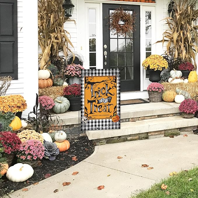 Halloween Garden Flag Trick Or Treat Without Candy 12x18 Double-Sided Pumpkin Decoration Water Buffalo Grid Halloween Party Welcome Holiday Courtyard Outdoor Haunted House Decoration Flag (Cartoon)