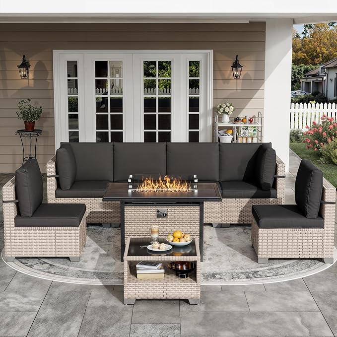 8 Pieces Patio Furniture Set with Fire Pit Table, Outdoor Sectional Wicker Sofa with Thick Cushions and Storage Coffee Table, Rattan Patio Conversation Sets, Black