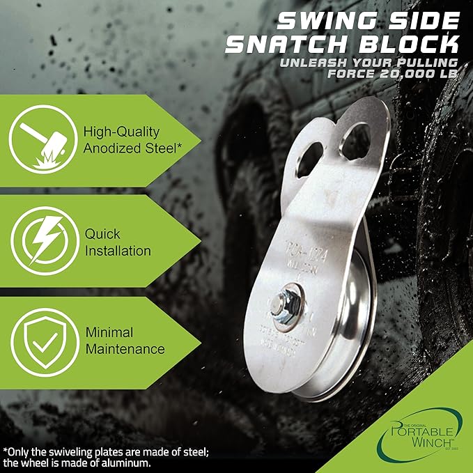 Portable Winch PCA-1274 Snatch Block - Heavy Duty Recovery Winch Snatch Block Pulley, Stainless Steel Winch Pulley, Portable Winch Accessories