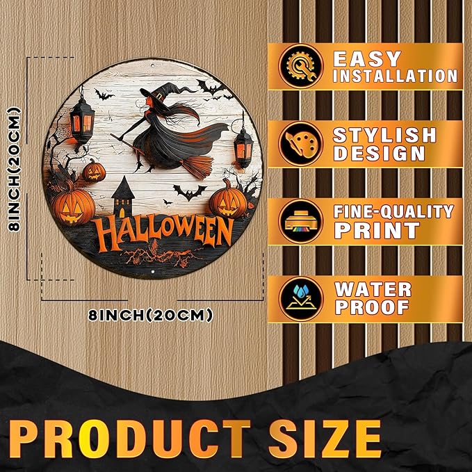 PEACHGARDEN Round Happy Halloween Witch Vintage Sign Pumpkin Metal Tin Sign for Home Bar Kitchen Hotel Dining Room Coffee 8x8inch