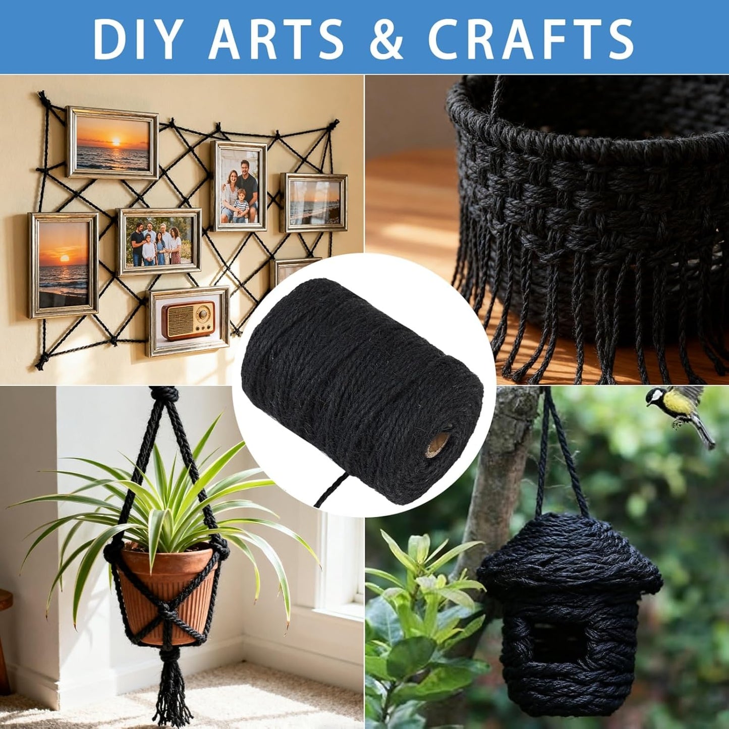 3mm 328 Feet Black Natural Jute Twine, for Crafts Gift, Craft Projects, Wrapping, Bundling, Packing, Holiday Packaging Twine, Gardening and More, Jute Rope to Use Around The House and Garden