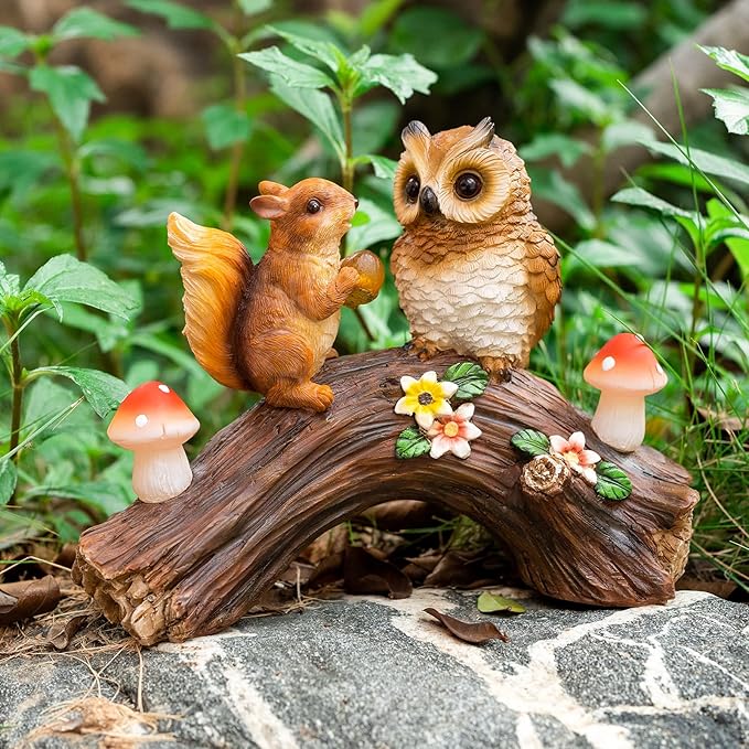 Solar Owl Garden Statues Outdoor Decor Resin Owl Squirrel Figurine with Mushroom Lights for Patio Lawn Yard Decorations Halloween Christmas Housewarming Gardening Gifts for Women Mom