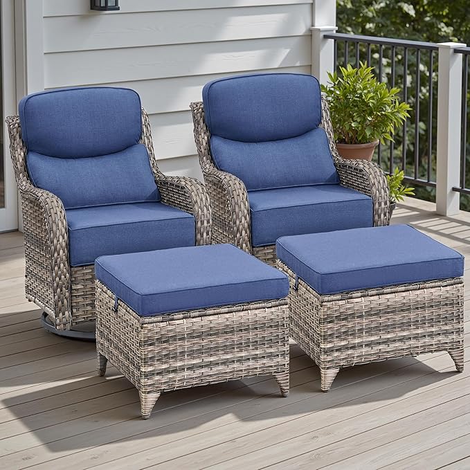 Wicker Outdoor Patio Furniture Set - 4 Piece Patio Conversation Set with Swivel Rocker Chairs and Ottomans, 6 inch Cushions, High Back, Deep Seating, for Porch Deck Garden Mixed Grey/Blue