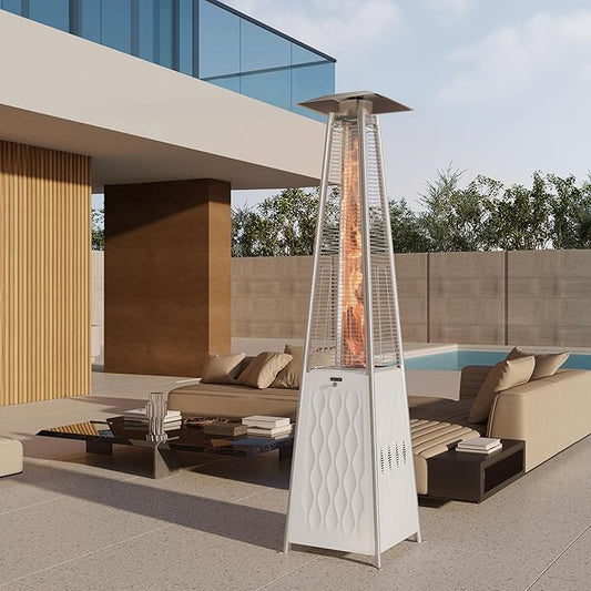 EAST OAK Pyramid Patio Heater, 48,000 BTU Outdoor Patio Heater, Quartz Glass Tube Propane Heater, Triple Protection System, With Wheels, Outdoor Heater for Commercial & Residential, White