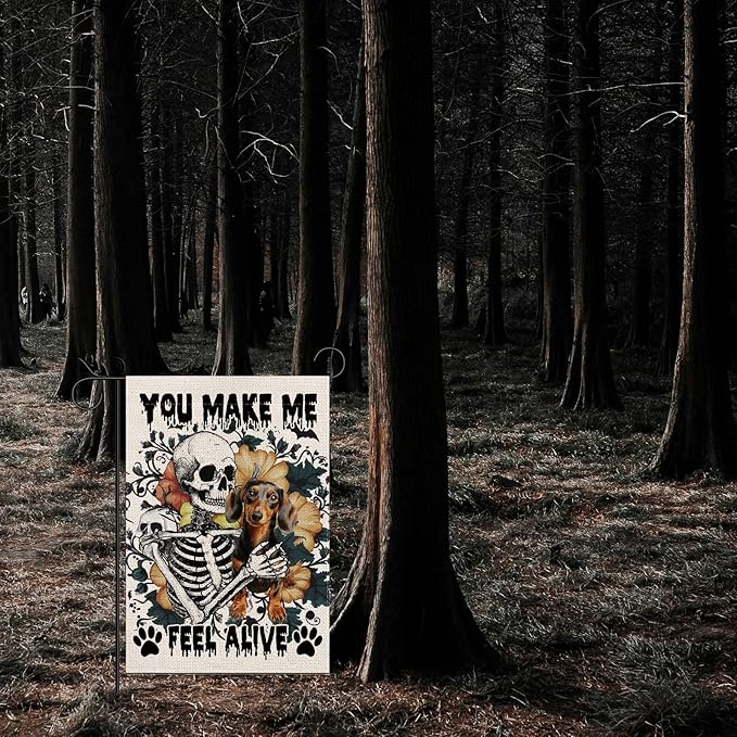 Halloween Garden Flag Skeleton and His Dachshund Vertical Double Sided Flags for Holiday Farmhouse Patio Yard Outdoor Party Decor Decorations Gifts - 12.5 x 18 Inch