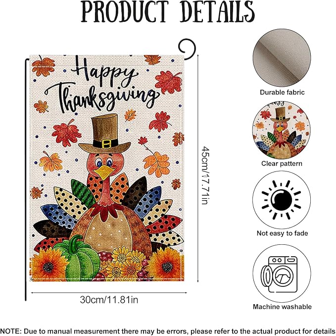 Fall Garden Flag 12 x 18 Inch Double Thanksgiving Sided Cute Turkey Maple Leaves Sunflower Designs Autumn Burlap Yard Flag for Outside Rustic Yard Outdoor Holiday Home Decoration