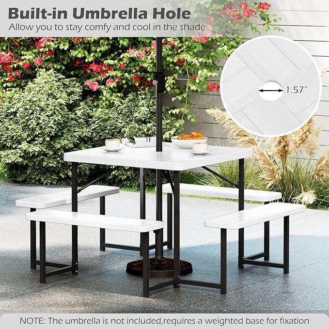 Tangkula 8 Person Picnic Table, HDPE Outdoor Square Table and Bench Set with 4 Built-in Benches, Umbrella Hole, Metal Frame for Garden Yard Patio Lawn