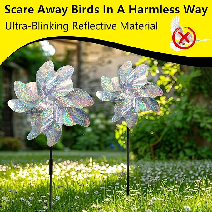 Reflective Bird Repellent Pinwheels, 7.1 inches in Diameter,Silver dot 8-Blade Reflective Windmill, Outdoor Bird Deterrent, High Reflective Effect, for Yard, Balcony, Garden, Scare Birds.