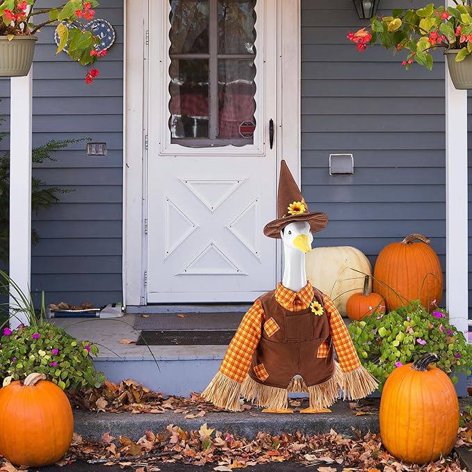 DECOHS 2 Pcs/Set Scarecrow Porch Goose Outfits, Fall Thanksgiving Lawn Goose Statue Scarecrow Costume, Garden Goose Scarecrows Clothes Hat for 23" Statue Autumn Halloween Outdoor Patio Yard Decoration
