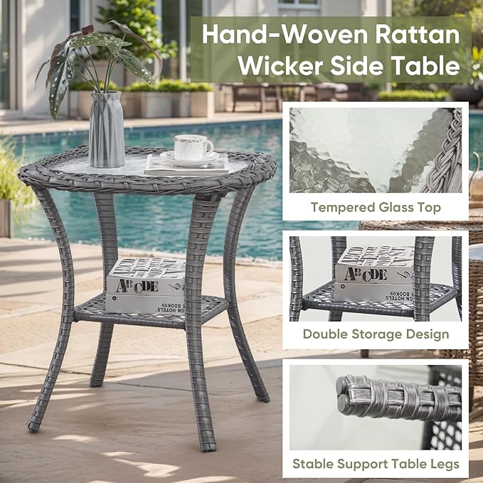 Wicker Rattan Patio Furniture Set - 7 Pieces Outdoor Couch with Swivel Chairs, Ottomans and Coffee Table for Deck, Poolside, Backyard - Grey/Blue