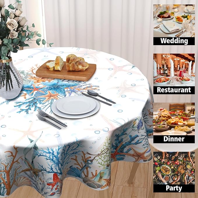 Giwawa Coral Starfishes Round Tablecloth 60 Inch, Nautical Ocean Coastal Animal Undersea Beach Marine Colorful Washable Table Cover for Home Kitchen Dining Party Indoor and Outdoor Decor
