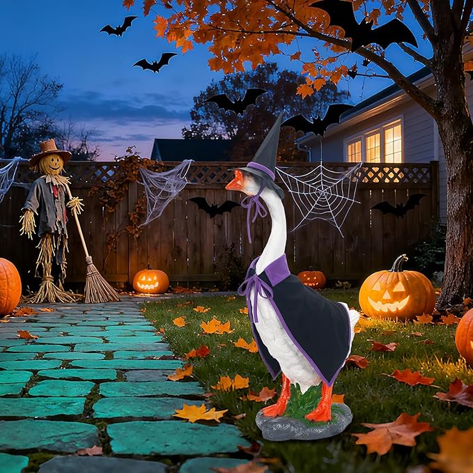 ONUPGO Halloween Goose Outfits, Lawn Porch Goose Clothes, Seasonal Sculpture Costume Suitable for 23 Inch Lawn Statue, Plastic/Cement Goose Statue, Garden, Yard, Patio, Party Decoration