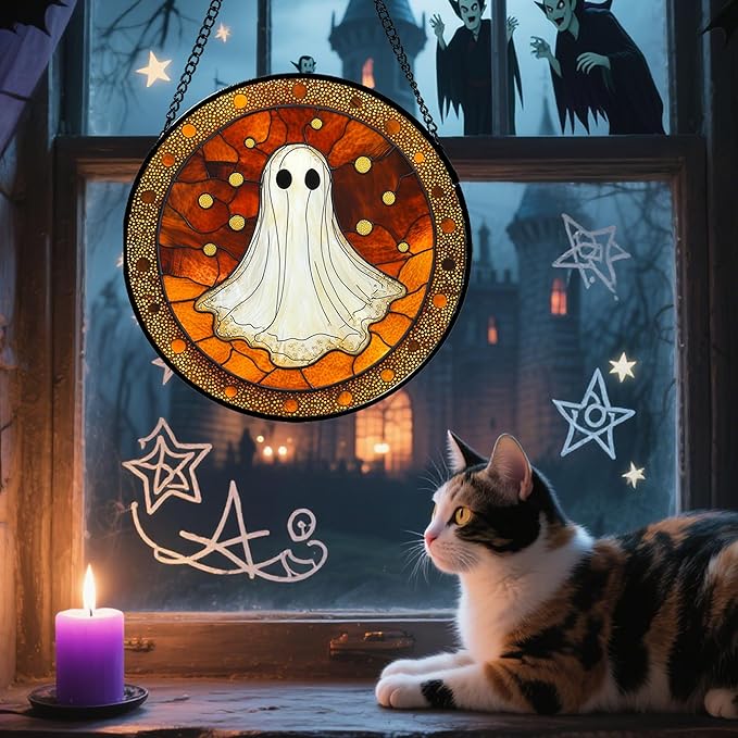 Stained Glass Window Hanging - Halloween Decorations White Ghost Suncatcher for Doors Garden Indoor Spooky Funny Orange Sun Catchers Gothic Decor Horror Gifts for Women Men Friend 15 in