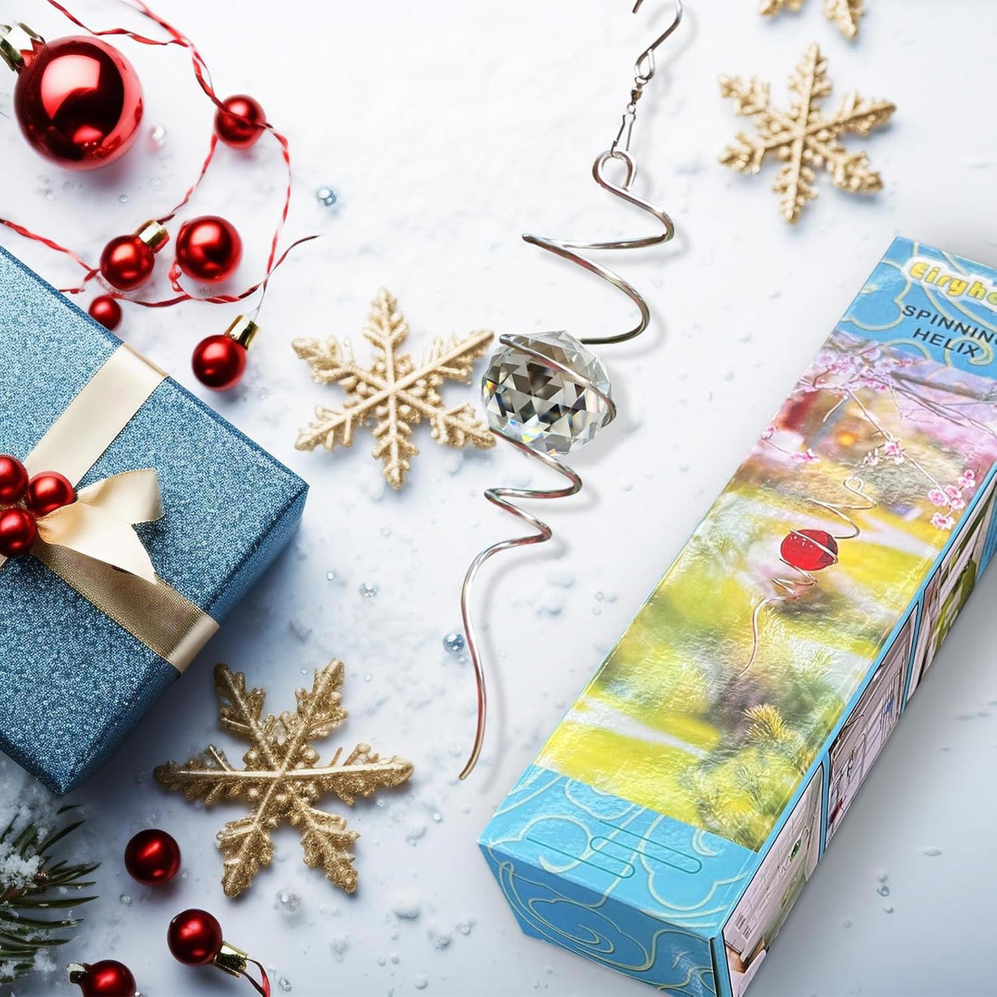 Gazing Ball Spiral Tail, Wind Spinners Stabilizer with Swivel Hook & Clear Crystal Ball, Hanging Suncatcher Decoration, Rainbow Maker Indoor Outdoor Ornaments Creative Decorative Gifts 13"