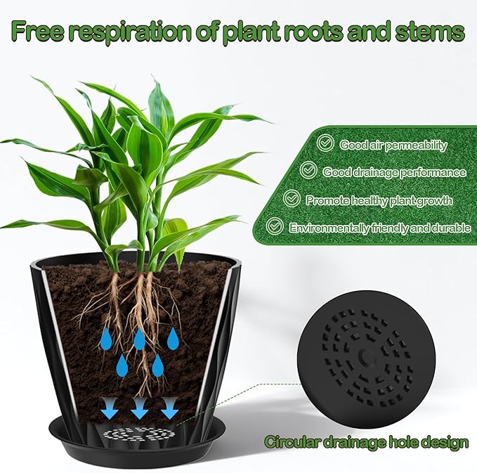 7 Inch Plant Pots Set of 5, Plastic Flower Pots with Drainage Holes and Trays, Planter Pot for Indoor Plants, Decorative Pots for Plants Indoor/Outdoor （Multicolor）