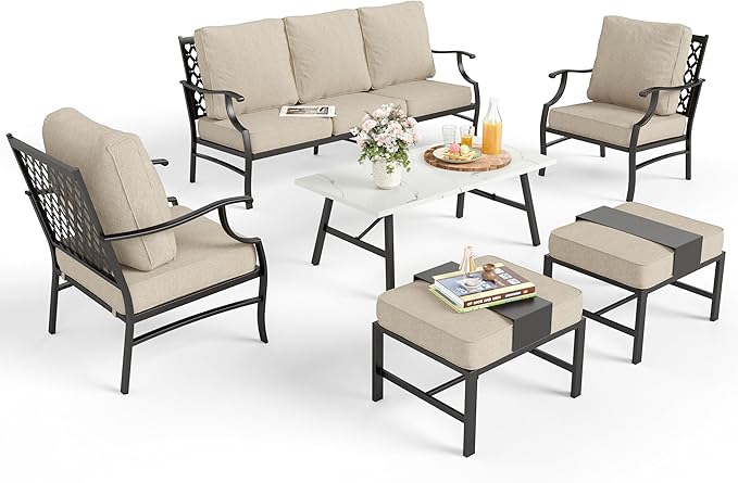 Patio Furniture Set 6 pcs, Outdoor Patio Furniture, 3-Seat Sofa, 2 Single Chairs, 2 Ottomans, Coffee Table and 5.75" Extra Thick Cushion, Patio Conversation Set,Beige