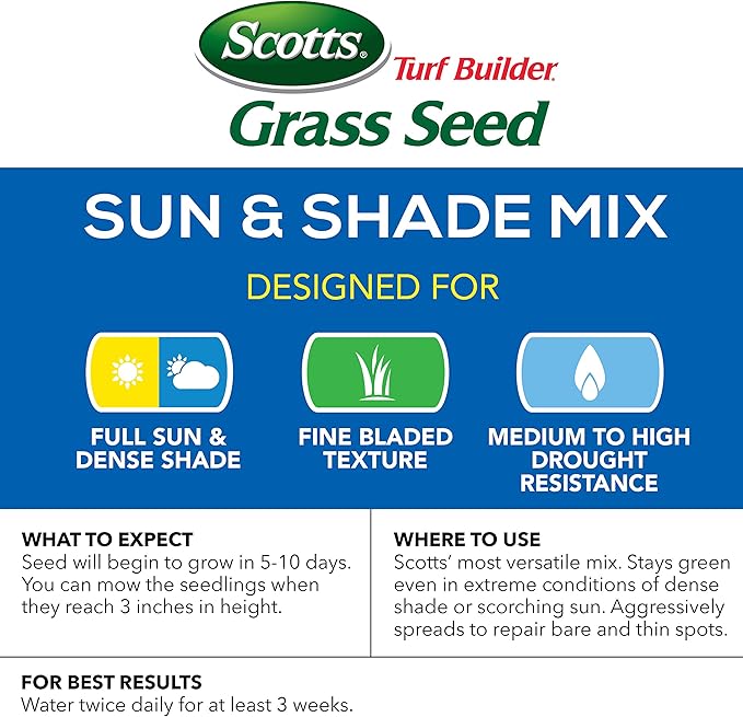 Scotts Turf Builder Grass Seed Sun & Shade Mix, Grows in Extreme Conditions & Spreads for a Durable Lawn, 3 lbs.