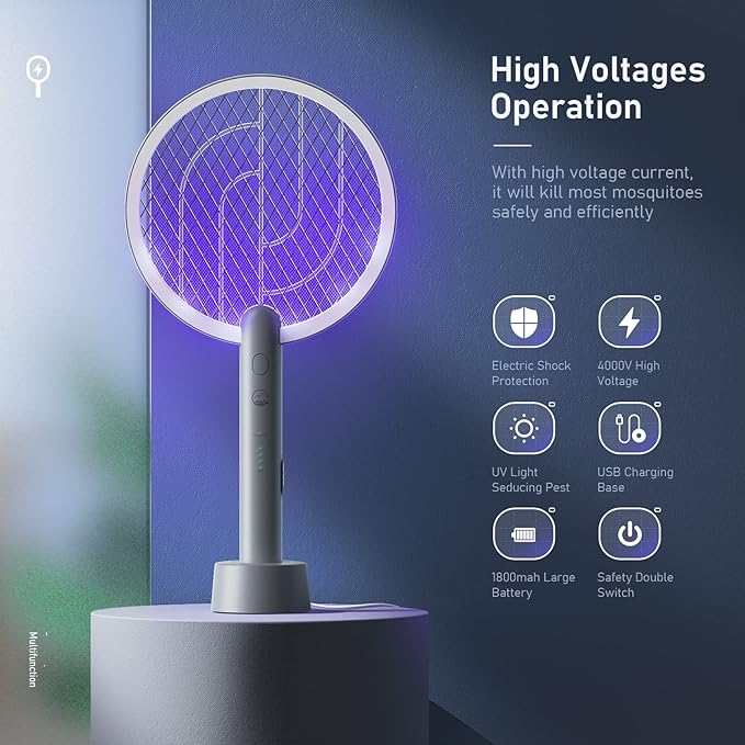 Electric Fly Swatter Racket, Mosiller 4000V 2 in 1 Bug Zapper with USB Rechargeable Base, Powerful Mosquitoes Trap Lamp & Fly Killer with 3-Layer Safety Mesh for Home, Indoor, Bedroom, Patio (2 Pack)