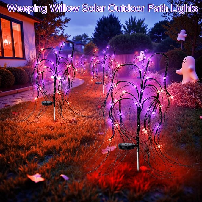 4 Pack Halloween Solar Lights Outdoor, 128 LED Weeping Willow Tree Stake Lights with 8 Mode, Waterproof Solar Pathway Lights for Garden Patio Yard Outdoor Decor (Purple Orange)