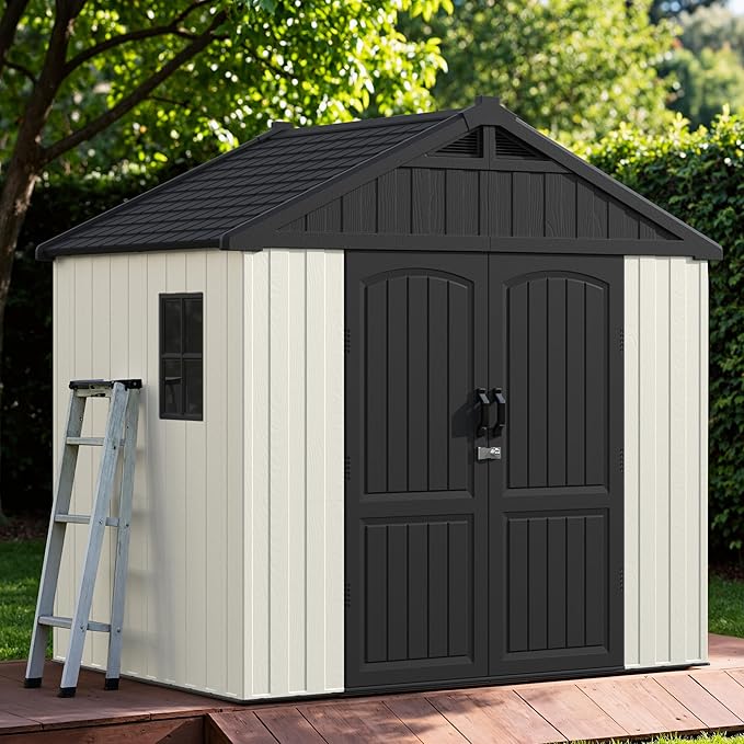 Devoko Plastic Outdoor Storage Shed with Floor, 8 x 6 FT Resin Tool Garden Shed with DIY Window and Lockable Door, Outside Kick-it Shed for Patio,Garden, Backyard, Lawn, Beige