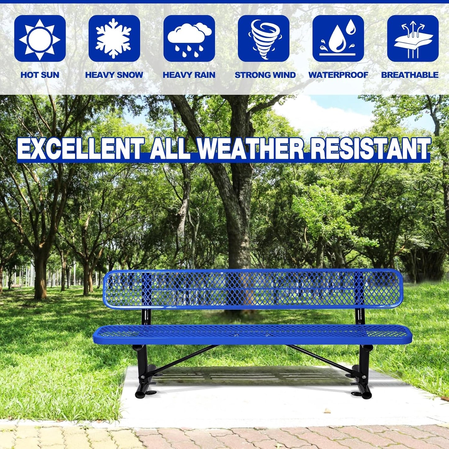 Heavy Duty Park Bench with Back Portable Frame, Outdoor Metal Park Bench with Backrest, Steel Mesh Outdoor Bench for Garden, Lawn, Patio, Porch, Park, Yard (Blue, 94.1" D x 23.2" W x 32.5" H)