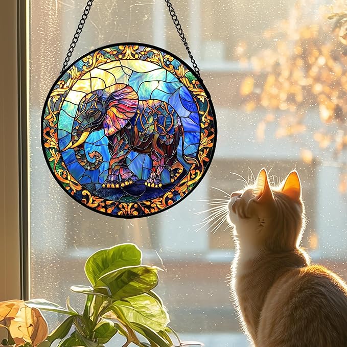 Stained Glass Window Hanging - Blue Elephant Suncatcher for Door Terrace Garden Home Decor, Yellow Retro Sun Catcher Birthday Gifts for Lovers Women Men Dad Mom Nana 7.8 in