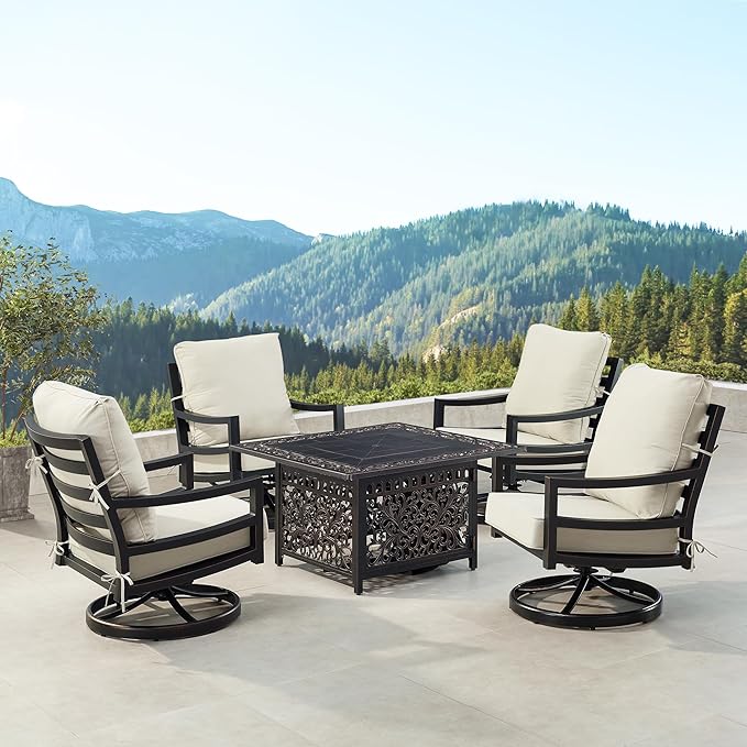 Oakland Living Black Aluminum Patio Fire Table Set with Four Club Chairs with Light Grey Cushions