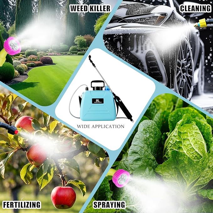 Battery Powered Sprayer 2.4 Gallon, 2025 Upgraded Electric Garden Sprayer, Automatic Power Weed Spray Battery Operated with Adjustable Shoulder Strap and Rechargeable Handle, 3 Mist Nozzles (Blue)