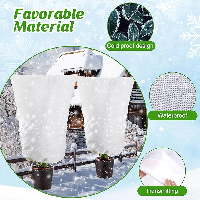 Alpurple 2 Packs Large Size Winter Drawstring Plant Covers- 39 x 63 Inch Warm Plant Protection Cover Bags, Frost Cloth Blanket Protecting Fruit Tree Potted Plants from Freezing Animals Eating