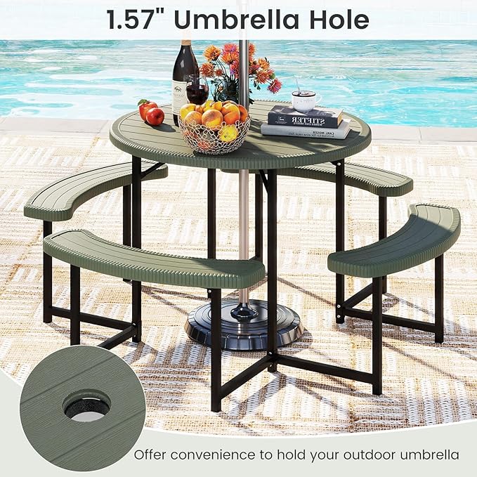 Tangkula 8 Person Picnic Table, HDPE Outdoor Round Table and Bench Set with 4 Built-in Benches, Umbrella Hole, Metal Frame for Garden Yard Patio Lawn