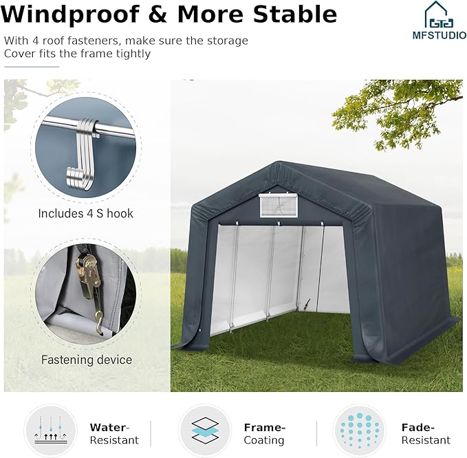 MFSTUDIO Outdoor Storage Sheds 10x15 ft, Portable Carport Shelter Garages Heavy Duty Canopy with Rolled up Zipper Doors, Outside Utility Shed Garage Tent for Patio Furniture, Vehicles and Tools