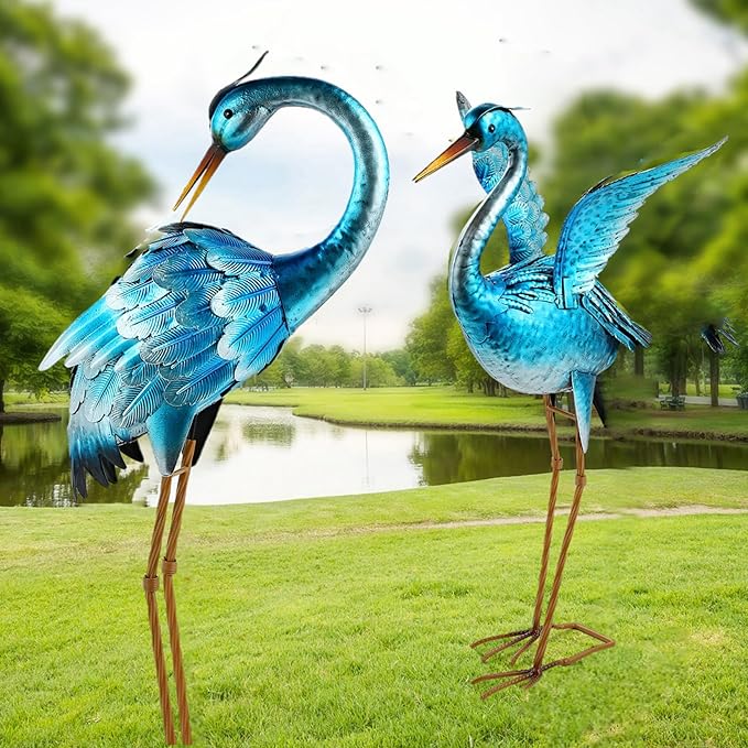 Garden Crane Statues for Outdoor Blue Heron Metal Birds Yard Art Ornaments for Backyard Pond Patio Porch Outside Decorations