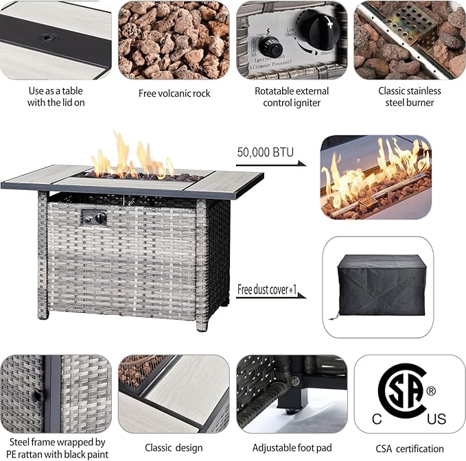 HOOOWOOO 11 Piece Patio Sectional Furniture Set with Fire Pit Table,Modern Wicker Outdoor Conversation Sofa Sets,Weather Resistant Modular L Shaped Outside Couch Swivel Chair Set(Charcoal Grey)