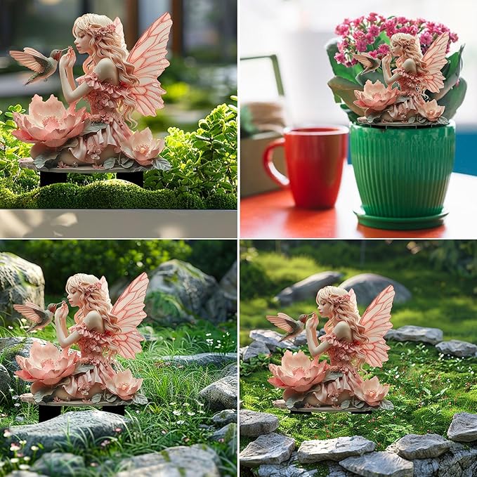 Fairy Garden Stake Decor, 2D Flat Acrylic Fairy Garden Decor Panel, Elf Yard Sign for Outdoor Indoor Yard Lawn Plants Pots, Fairy Yard Accessories (Fairy and Hummingbird)
