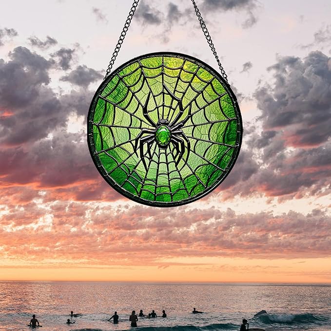 Glass Window Hanging - Black Green Horror Spider Web Suncatcher for Doors Garden Patio Sun Catchers Decor Christmas Halloween Birthday Gifts for Women Men Mom Nana Friend 15 in