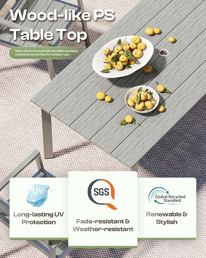 67" Rectangle HDPS Patio Dining Table, Aluminum Outdoor Patio Dining Table with Umbrella Hole, Weather-Resistant for Lawn, Garden, Yard, Poolside and Indoor Use, Silver & Gray