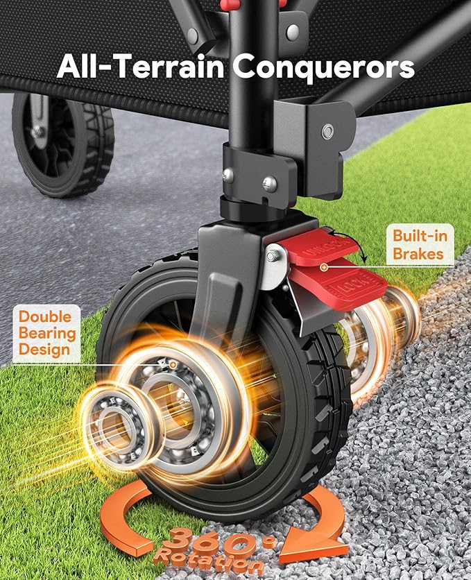 Collapsible Foldable Wagons, 440lbs Capacity Wagons Carts Foldable with All-Terrain Wheels, Heavy Duty Foldable Wagon, Utility Wagon Carts with Brakes for Camping, Sports, Shopping, Beach, Black