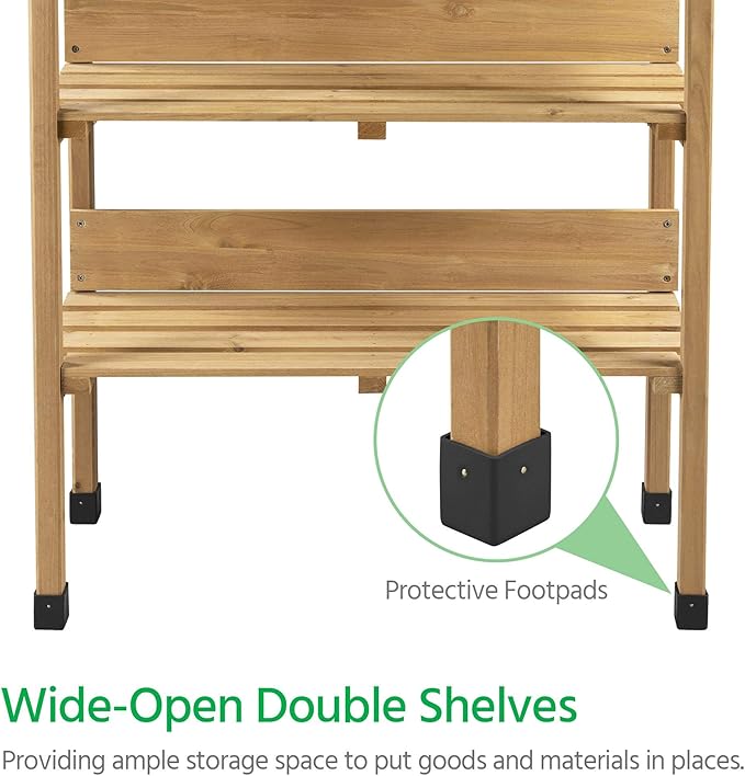 Yaheetech Outdoor Garden Potting Bench Table Wooden Horticulture Planting Worstation w/Metal Tabletop/Storage Shelf/3 Hooks, Natural Wood