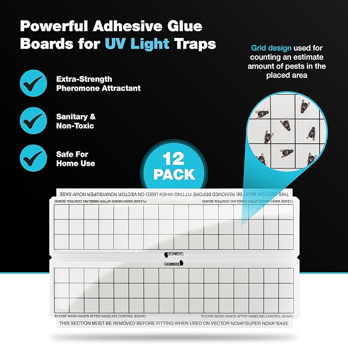 Catchmaster Vector Trap Replacement, UV Light Fly Traps for Home, Unscented Sticky Gnat Glue Boards for House, UV Lamp Insect & Mosquito Killer Refill, Adhesive Bug Light Boards, 12-Pack White