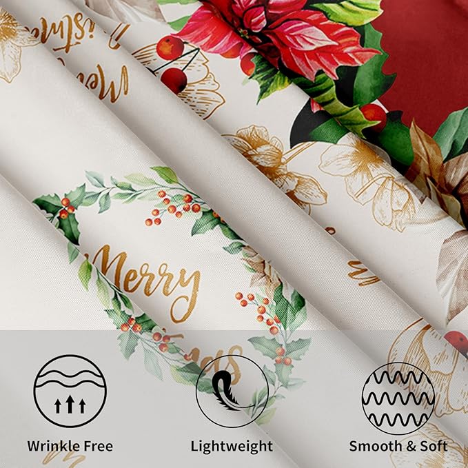 Giwawa Blooming Poinsettia's Merry Christmas Fabric Tablecloth, Christmas Cottage Floral Bordered Print Easy Care, Stain Release Tablecloth, 60 Inch Round