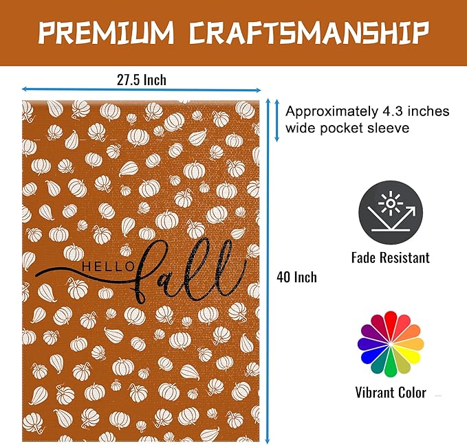 Autumn Fall Garden Flag Double Sided Yard Flag, Hello Fall with Pumpkin, 28 * 40