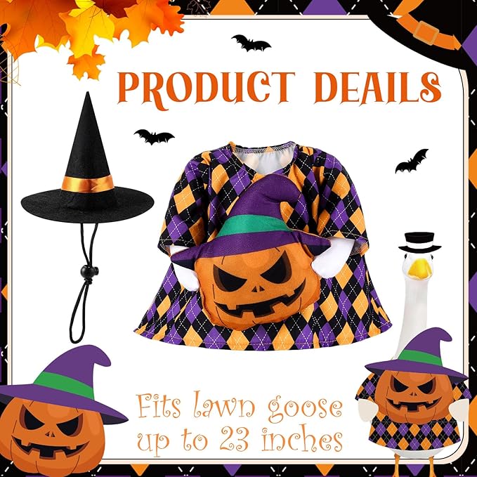 Sanwuta 1 Set Halloween Porch Goose Outfit Pumpkin Pillow Design with Witch Hat for 23" Lawn Cement Goose Porch Geese Clothes Costume for Halloween Garden Patio Yard Outdoor Decorations